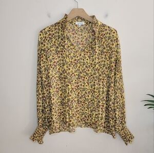 Max Studio | Yellow Pleated Floral Blouse Size Small